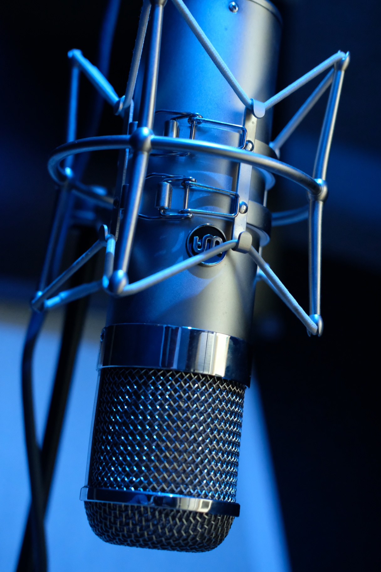 Condensatormicrofoon in shockmount onder blauw licht